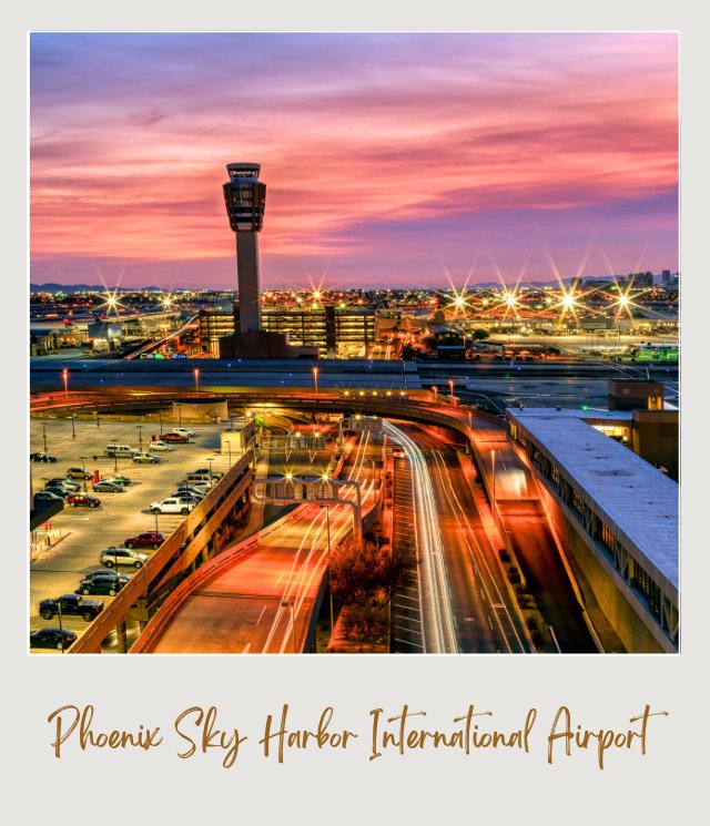 On the left side of the highway is the airport in Phoenix, Arizona, and on its right is a parking lot with different cars. On the opposite side are buildings brightened up by lights and below the purple sky.