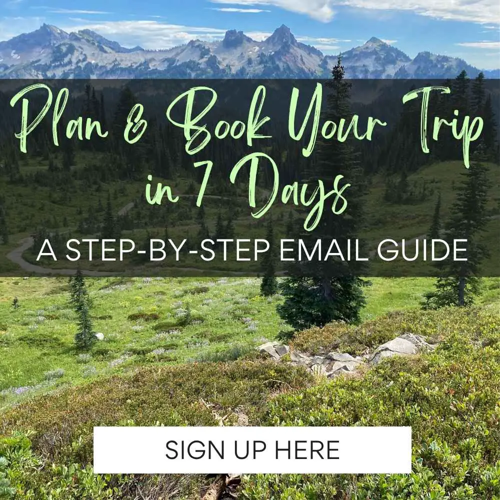 grassy meadows and trees and text Plan and book your trip in 7 days a step by step email guide