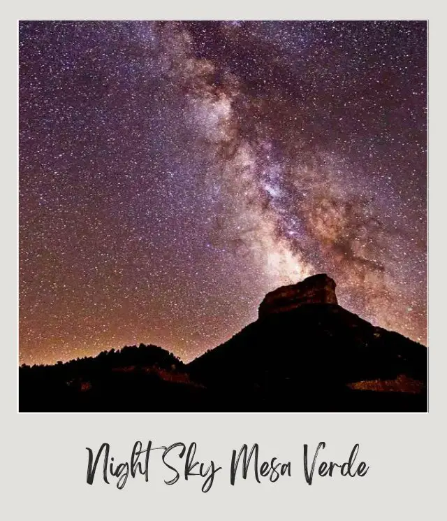 Rock mountains under the nights filled with stars in the nighttime in Mesa Verde National Park.