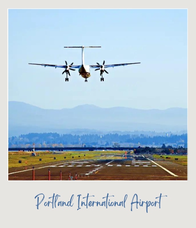 Airplane landing at Portland International Airport in the middle of the day with mountains and trees as background