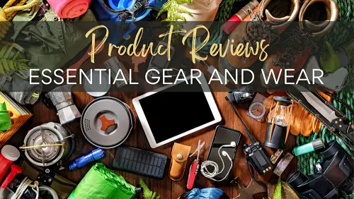 Camping and hiking gears, with the text, Product Reviews Essential Gear and Wear.