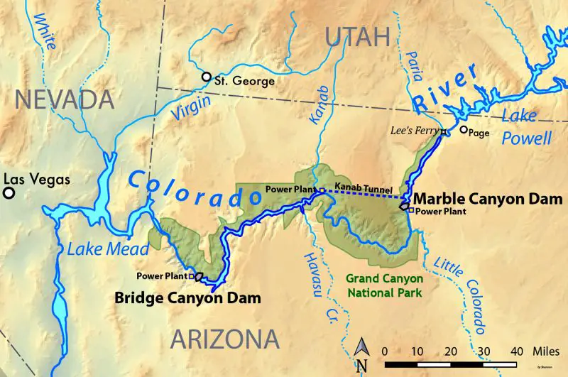 An image of a colored map of Proposed dams Grand Canyon