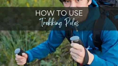 close up of someone holding trekking poles with text How to use trekking poles