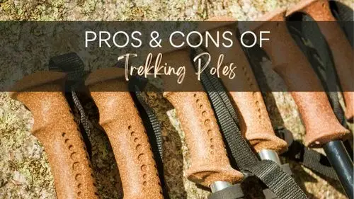 6 hanfdles of hiking poles with text Pros and cons of trekking poles