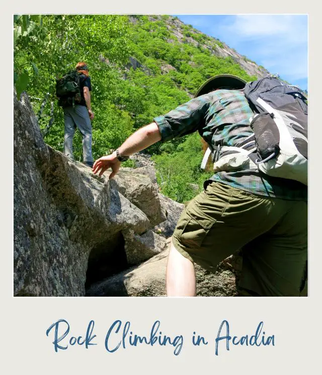 People climbing on rock in Acadia National Park