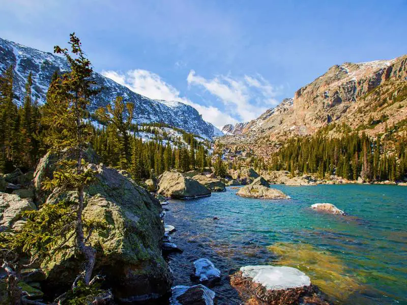 View of Snow-capped mountains, and below is a lake surrounded by trees and huge rocks in Rocky Mountain National Park.
