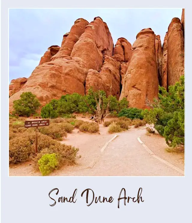 View of huge formations and below are bushes in Sand Dune Arch in Arches National Park.