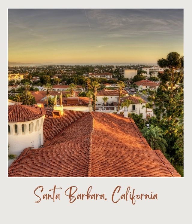 Aerial view of the buildings surrounded by trees in Santa Barbara Near Santa Barbara Airport