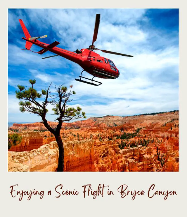 A red helicopter above the red cliffs in Bryce canyon