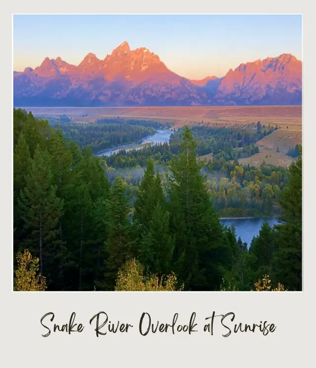 Behind the forest in Grand Teton National Park is a lake surrounded by mountains and trees.