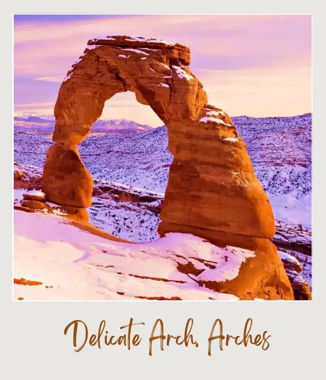 The Best Winter Hikes in the US National Parks Snow in Delicate Arch Arches National Park