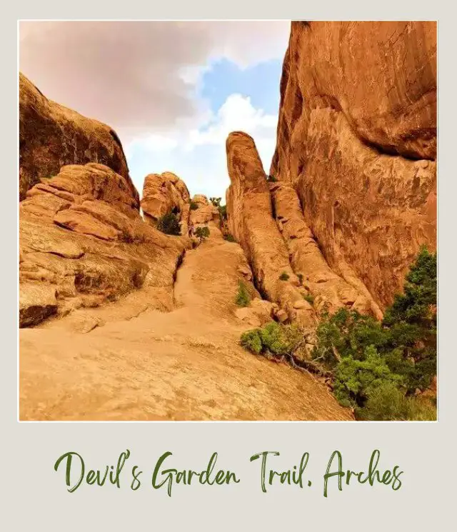 View of Huge rock formations and some bushes in Devils Garden in Arches National Park.