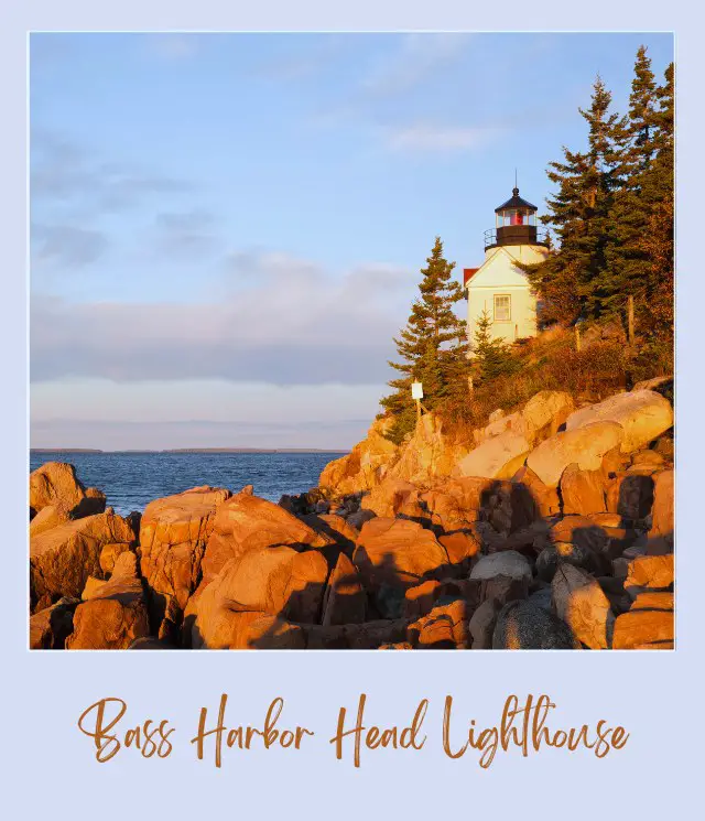 glowing rocks at sunrise and Bass Harbor Head Lighthouse in Acadia National Park