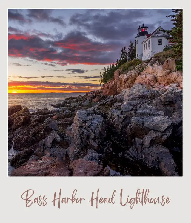 pink rocks at sunset with Bass Harbor Head Lighthouse in Acadia National Park