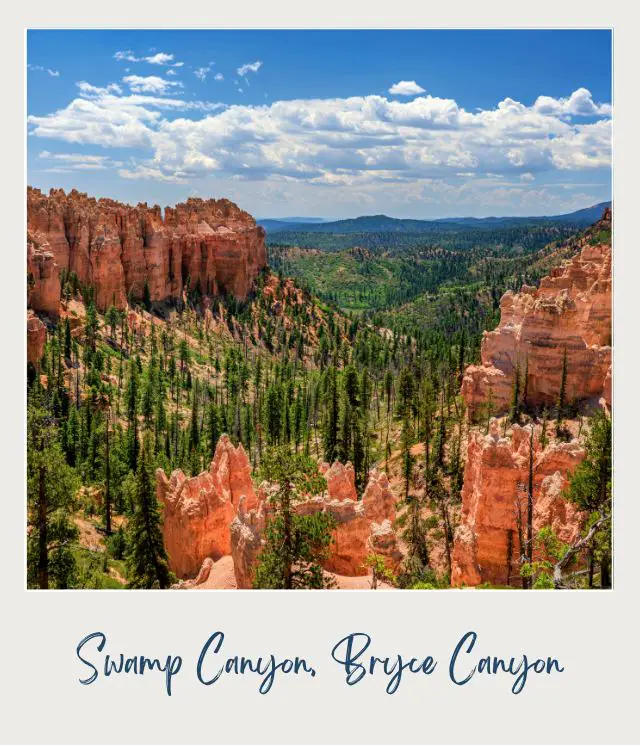 Aerial view of rock mountains and trees under the blue sky in Swamp Canyon Bryce Canyon.