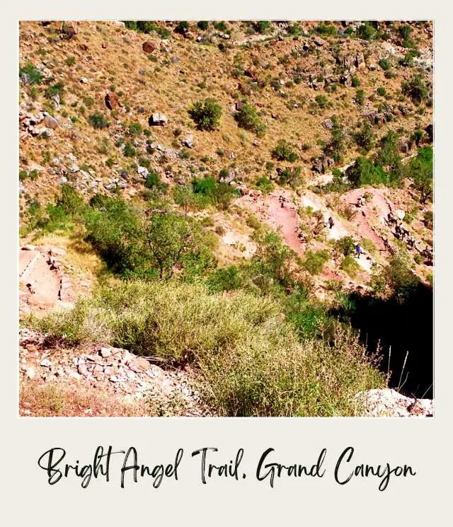 View of Bright Angel Trail going along the cliffside inside Grand Canyon National Park.