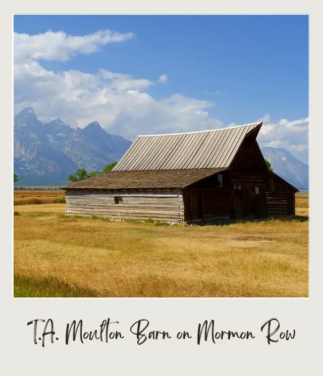 Wooden barn in the middle of the field, and behind are mountains and trees in Grand Teton National Park.