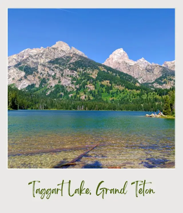 Lake surrounded by trees and mountains in Grand Teton National Park.