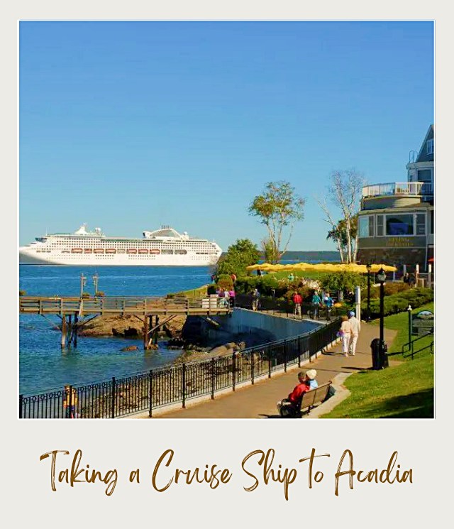 cruise ship with new england house in foreground in bar harbor