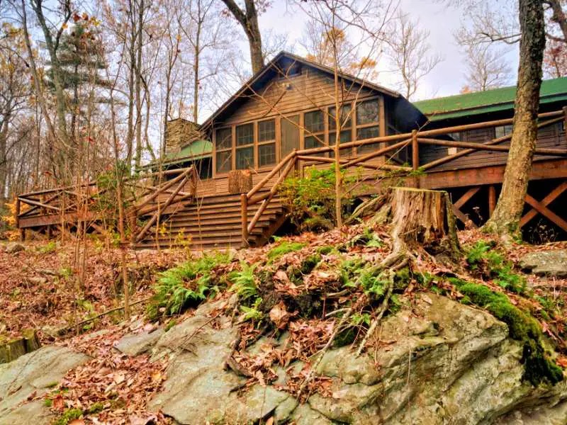 Wooden cabin with green roof surrounded by trees and dead trees and leaves in Shenandoah National Park