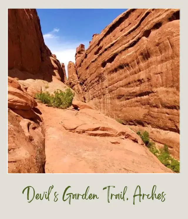 View of huge rock formations in Devils Garden Trail in Arches National Park.