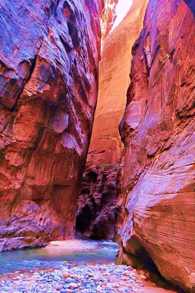 The picture depicts the narrowest Canyon formation with water flowing from a river called The Narrows Zion National Park.