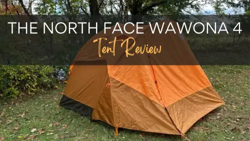 orange tent on lawn with text The north face wawona 4 tent review