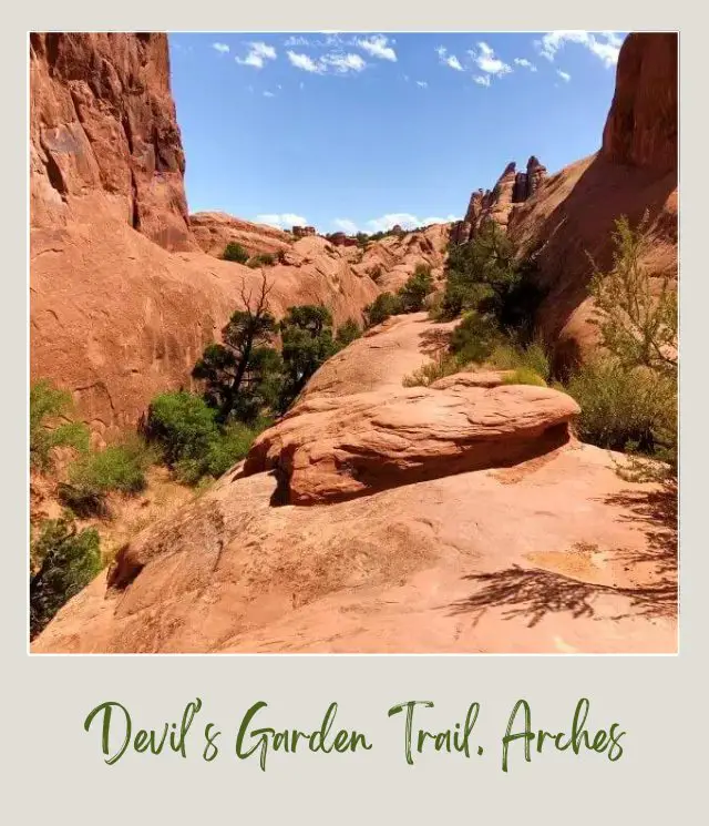 View of huge rock formations and bushes in Devils Garden Trail in Arches National Park.