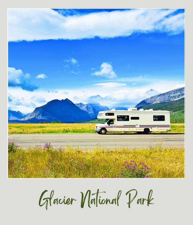 A van parked on the side of a road with a mountain view that reflects the blue sky, some green and yellow grasses on the ground, with little purple ornaments.