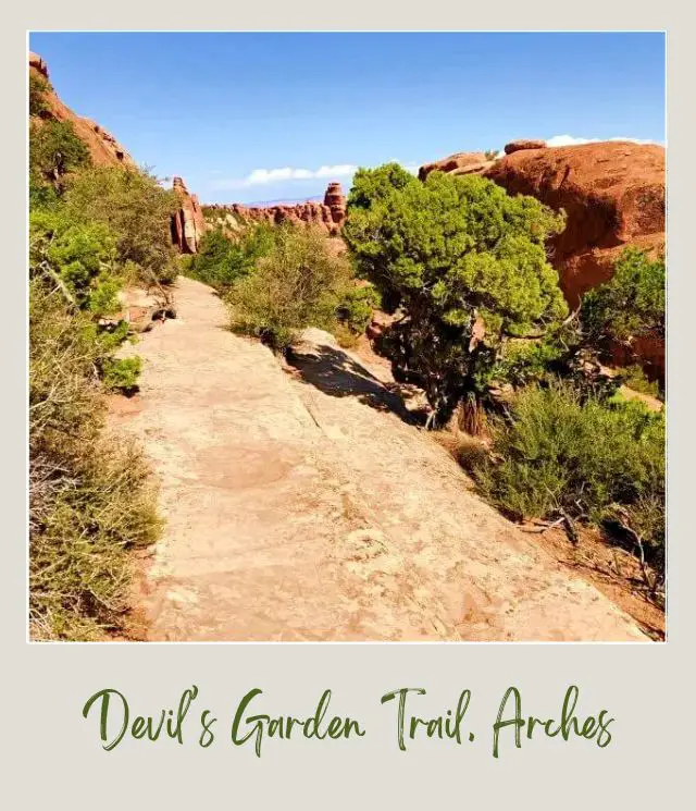 View of huge rock formations and bushes in Devils Garden Trail in Arches National Park.