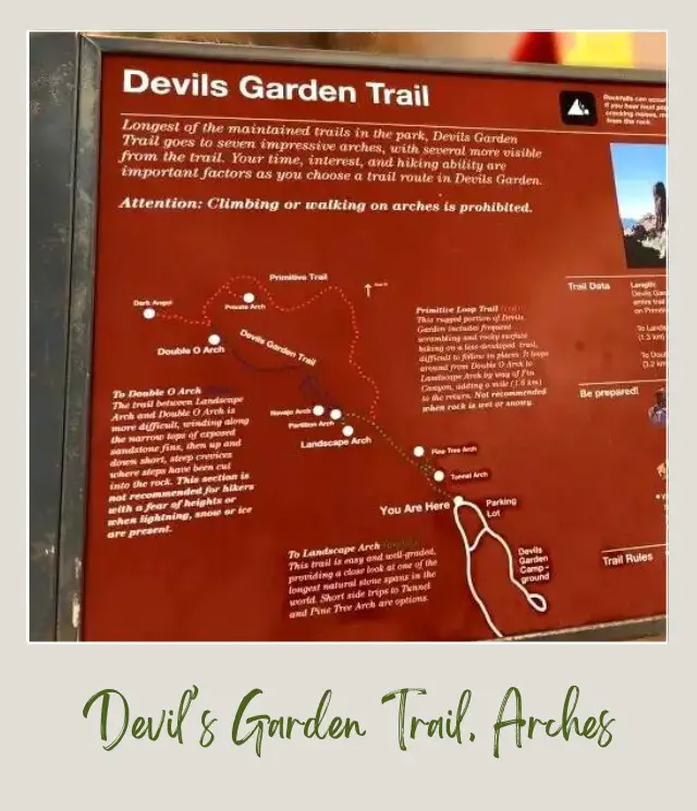 Devils Garden Trail Arches National Park trail marker with wooden frame.