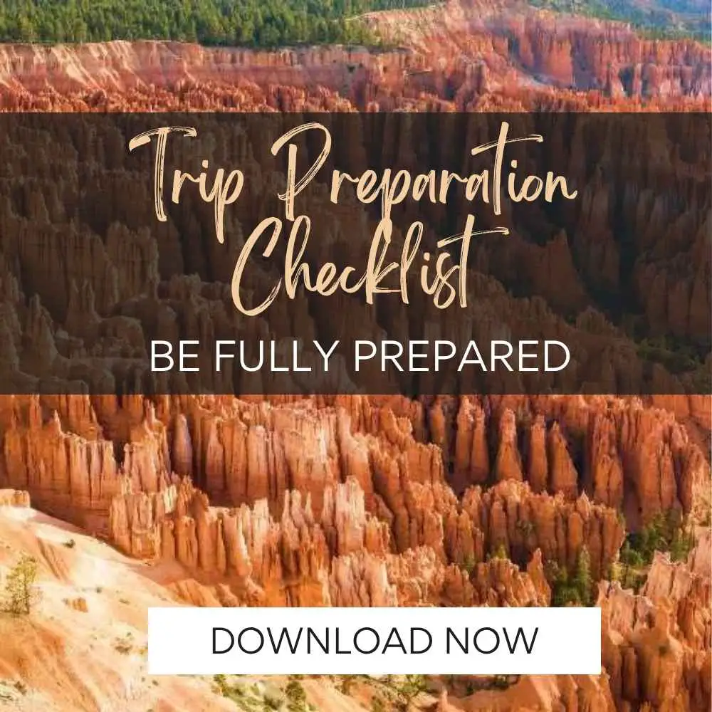 orange hoodoos with text: Trip preparation checklist be fully prepared