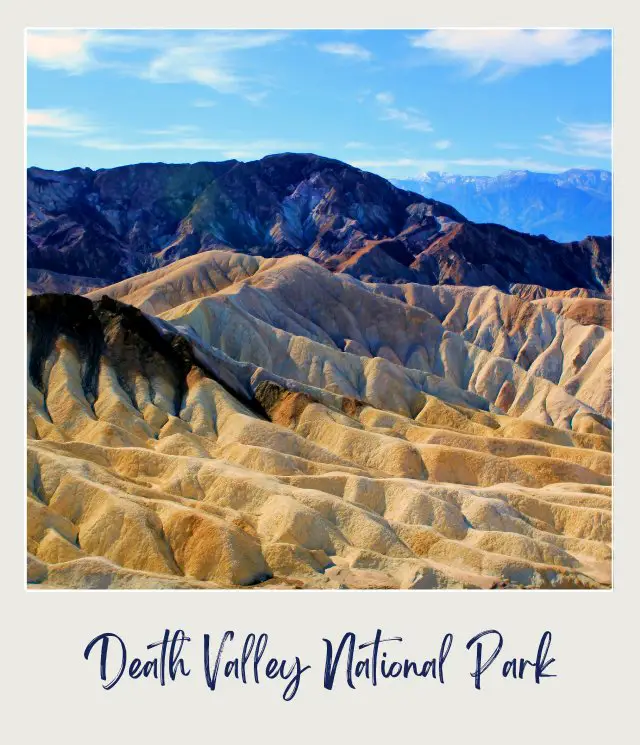 Mountain ranges under the blue sky in Death Valley National Park.