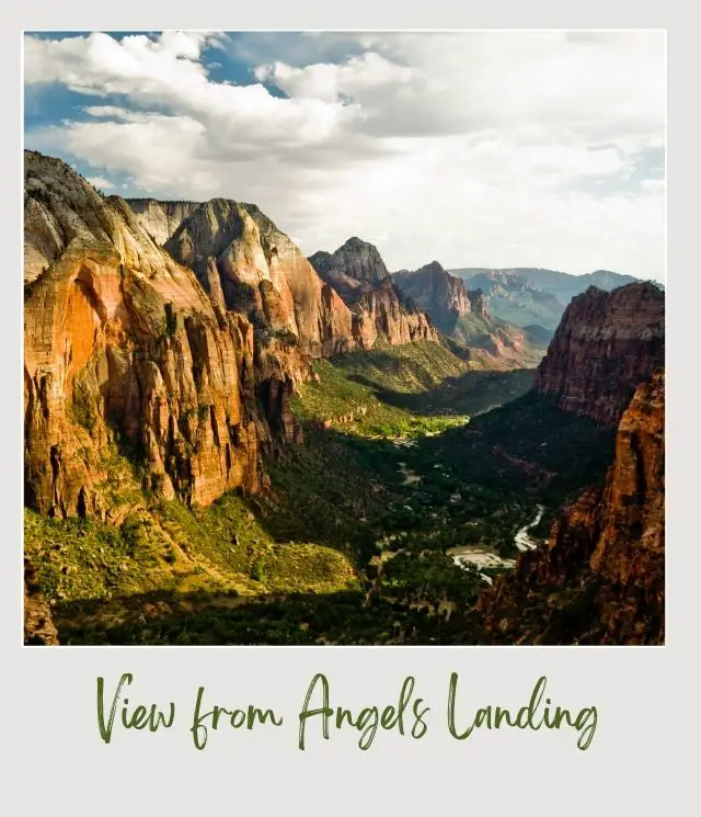 canyon with rocky peaks and river running through as seen from Angels Landing