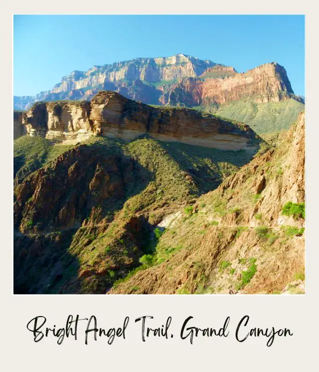 View of cliffs of rock mountains in Bright Angel Trail in Grand Canyon National Park.