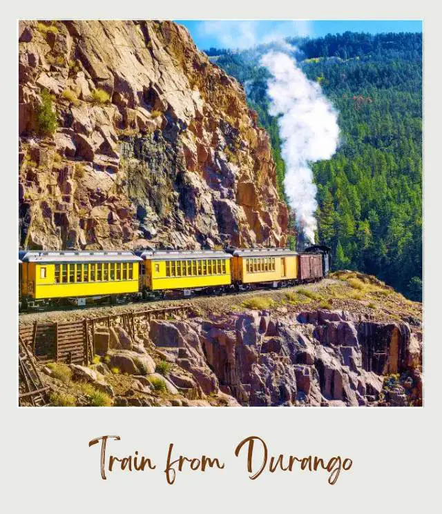 A yellow train travels along a mountain cliff in Mesa Verde National Park