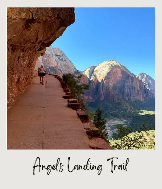 View of woman walking in trail in Angels Landing in Zion National Park