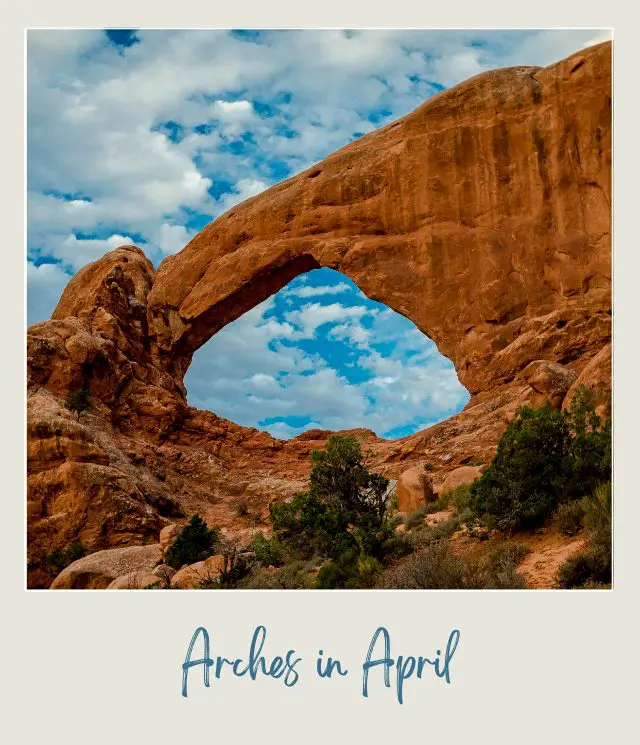 Huge rock formation in the middle of the day in Arches National Park