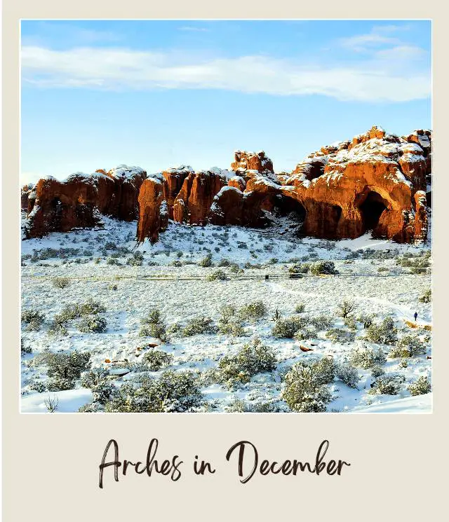 Red rock formations covered with snow surrounded by bushes in Arches National Park