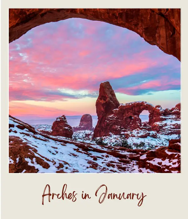 Bushes and rock formations covered with snow in Arches National Park