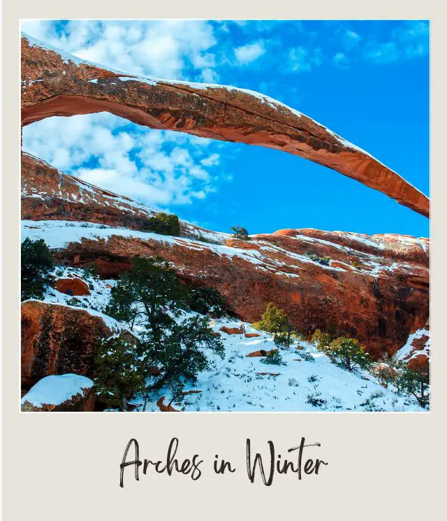 Red rocks formation covered with snow surrounded by small trees in Arches National Park