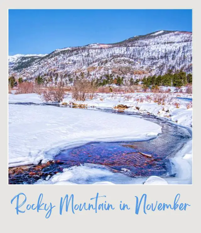 Visiting Rocky Mountain National Park: What To Expect Throughout the Year Lake covered with snow beside the snow-capped mountains and trees in Rocky Mountain National Park.