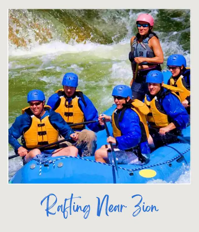 Six people riding in a blue paddle boat in the middle of the river in Zion National Park