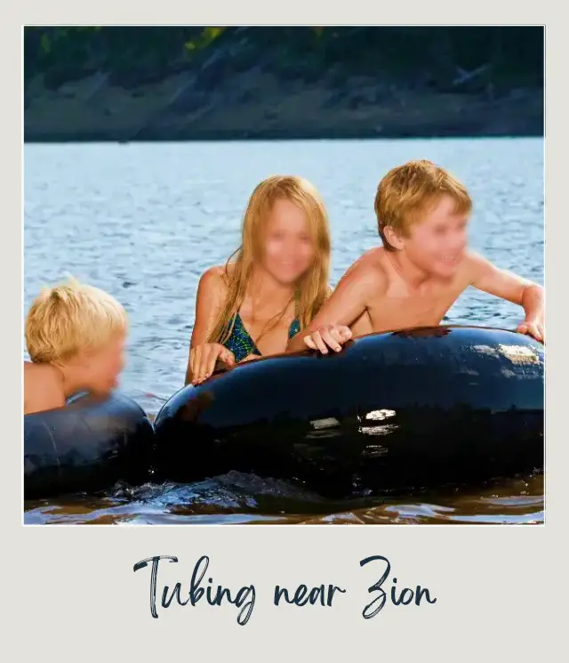 Three kids riding in water inflatable tubing in the middle of the water in Zion National Park