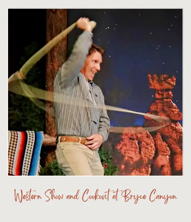 A man holding a lasso and behind a picture of a rock piles in Ebenezers Western show-Bryce Canyon