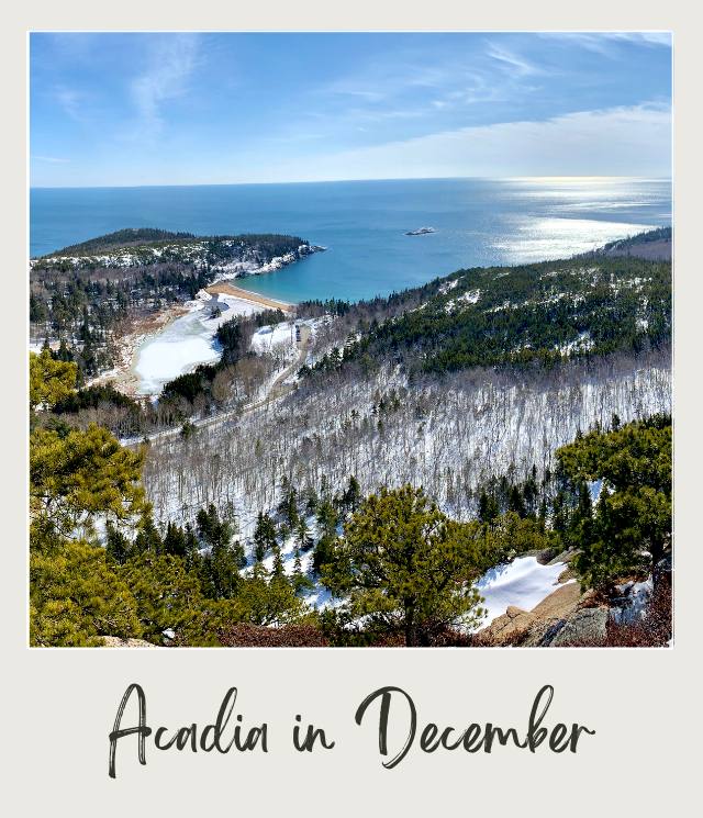Acadia National Park in December: What To Expect For an Amazing Trip Snow-covered coastline and forested mountains overlooking the ocean in Acadia National Park in December