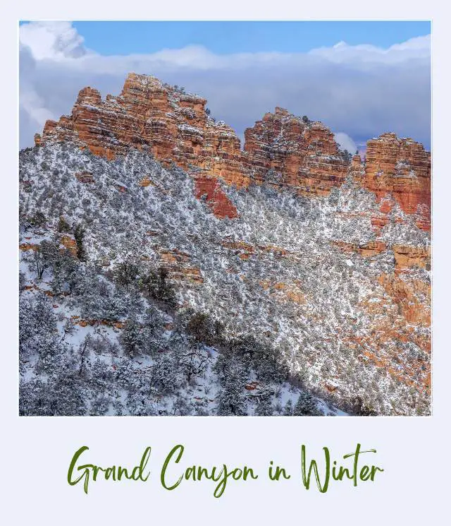 Red rock mountains covered with snow surrounded by trees in Grand Canyon National Park.