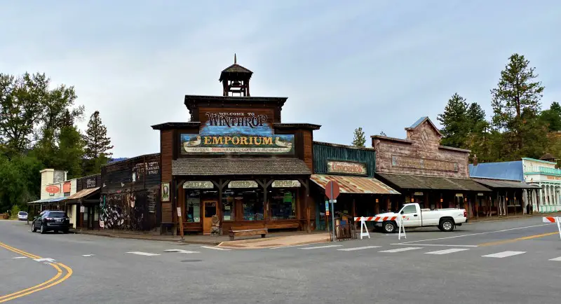 old western style buildings in Winthrop near North Cascades National Park