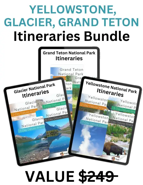 National Parks Itineraries photo of different itineraries with yellowstone, Glacier and grand teton itinerary bundle as text