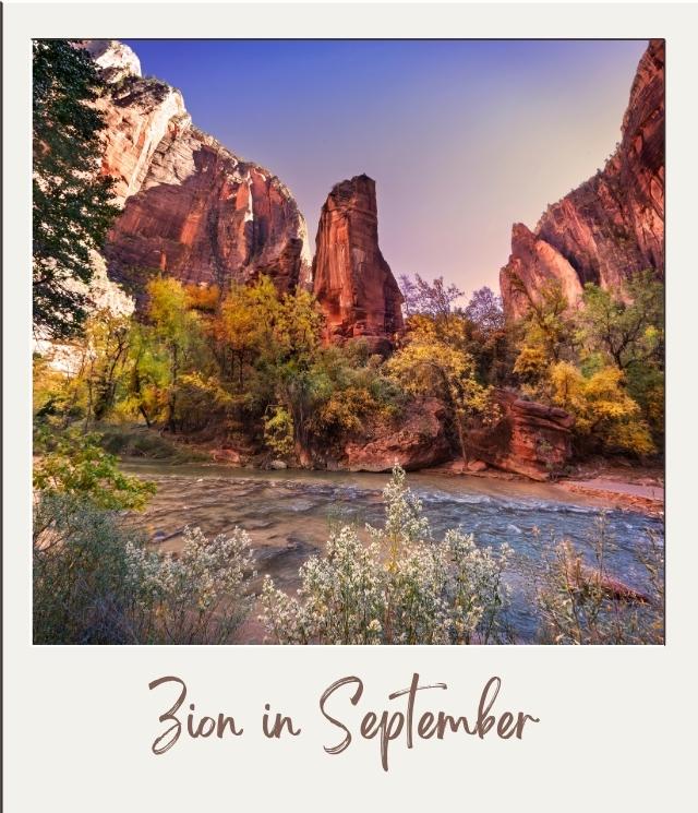 shallow river with trees and cliffs in Zion National Park in September
